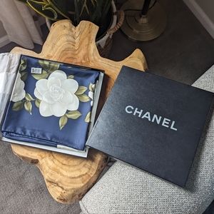 Vintage Chanel Navy and Floral Silk Scarf